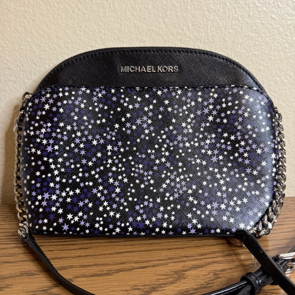 Michael Kors Emmy Medium Dome Crossbody Bag Black Purple White Star Print